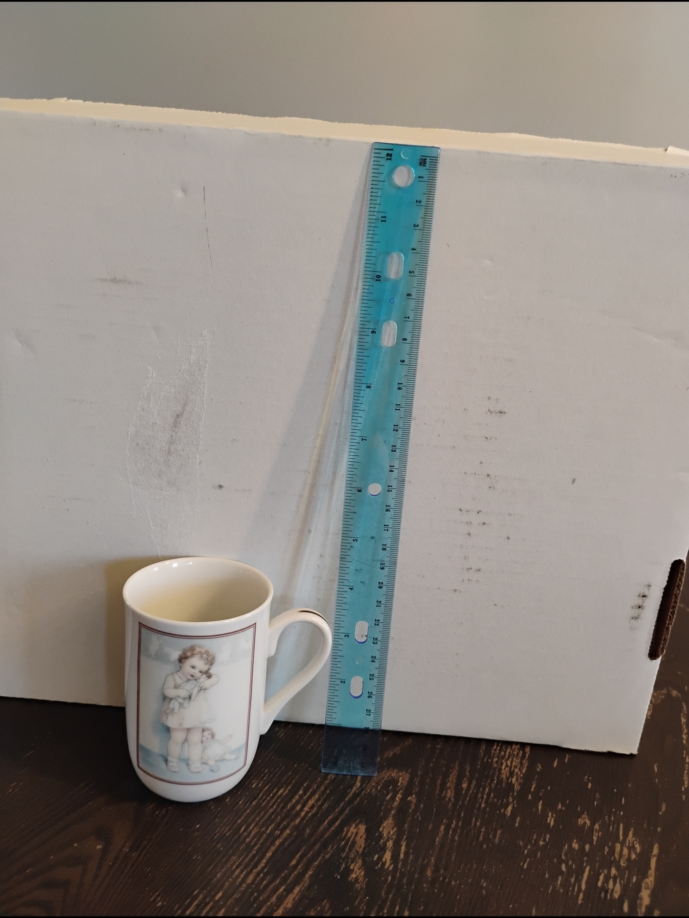 Vintage Child Illustration Porcelain Mug - White with Pastel Blue Accent